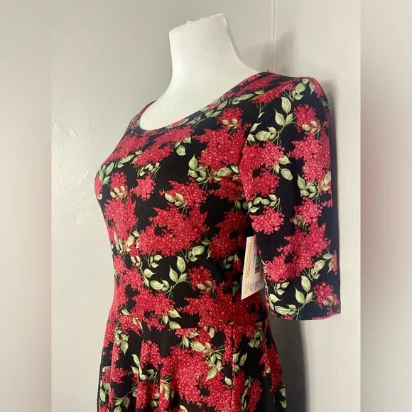 LuLaRoe Nicole Dress Black with Red Florals A-Line - Picture 3 of 7